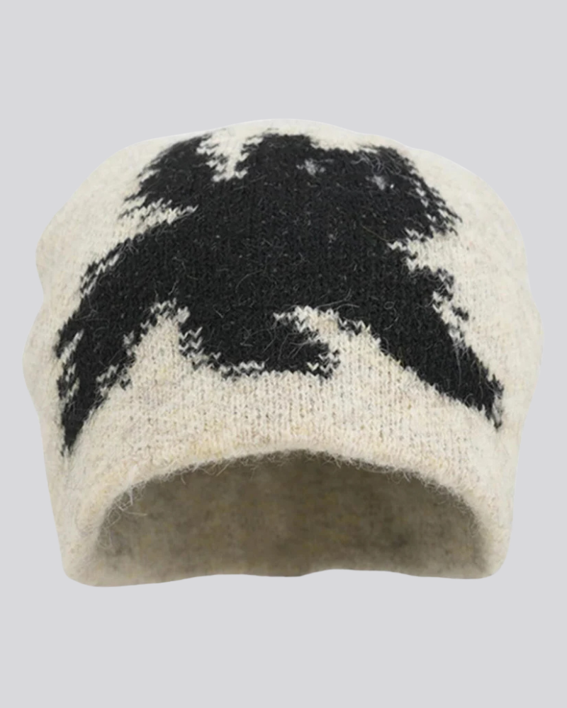 Fuzzy Knit Beanie with Abstract Cat Graphic