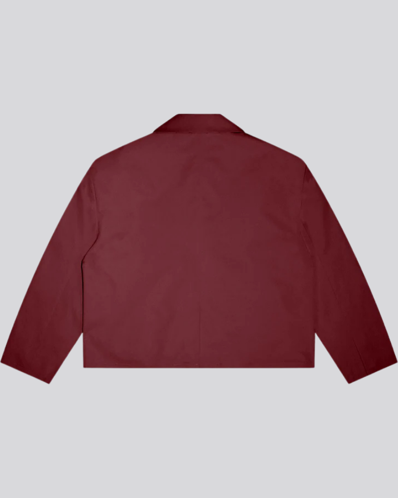 Maroon Cropped Trench Coat with Raw Hem and Double-Button Closure