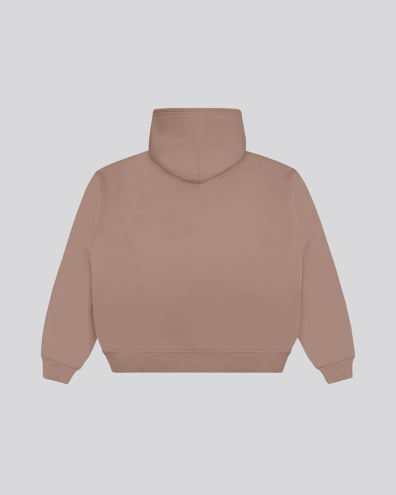 Light Tobacco Full-Zip Hoodie with Ribbed Trim and Chest Detail