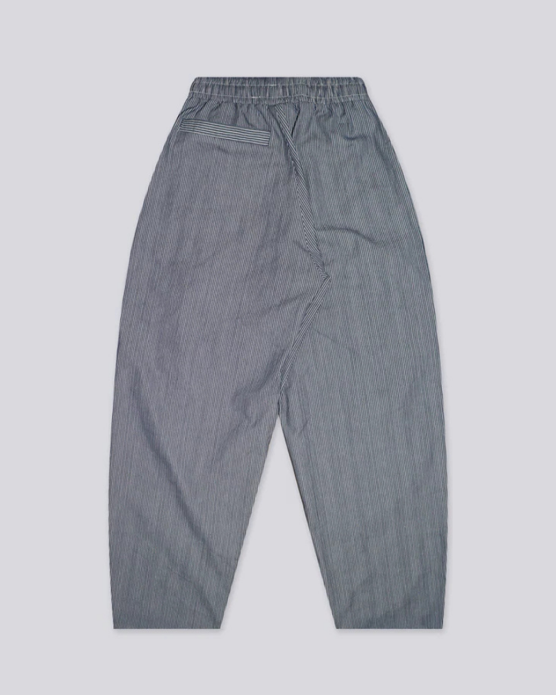 Midnight Blue and White Striped Poplin Baggy Pants with Pleated Front