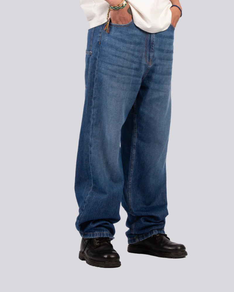 Blue Denim Wide Leg Jeans with Five-Pocket Design and Metal Button Closure