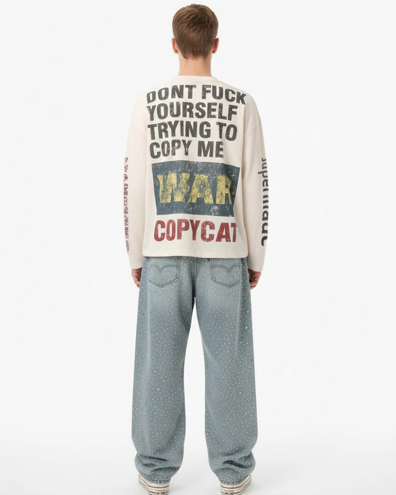 Beige Waffle Knit Crewneck Sweatshirt with Vintage Emblem Graphic