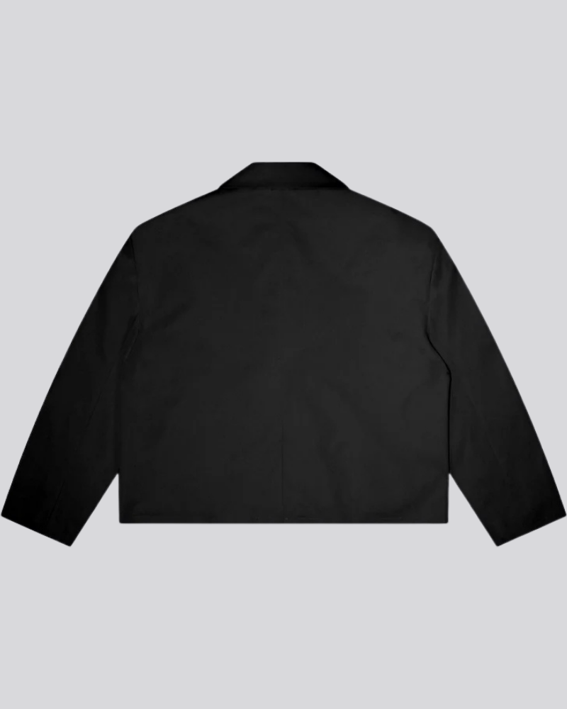 Black Cropped Trench Coat with Raw Hem and Double-Button Closure