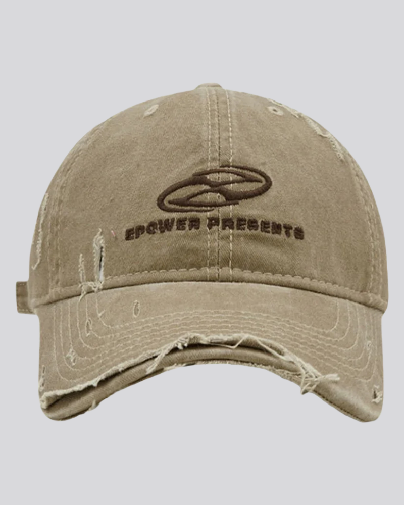 Distressed Washed Baseball Cap with Embroidered Graphic and Ripped Brim