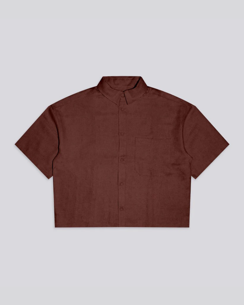 Men's Short-Sleeve Button-Up Shirt - Brown Textured Fabric with Back Sun Graphic