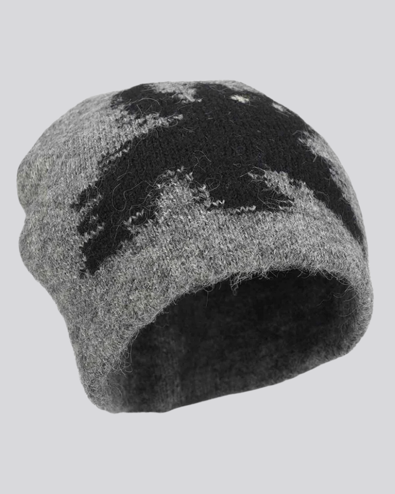 Fuzzy Knit Beanie with Abstract Cat Graphic