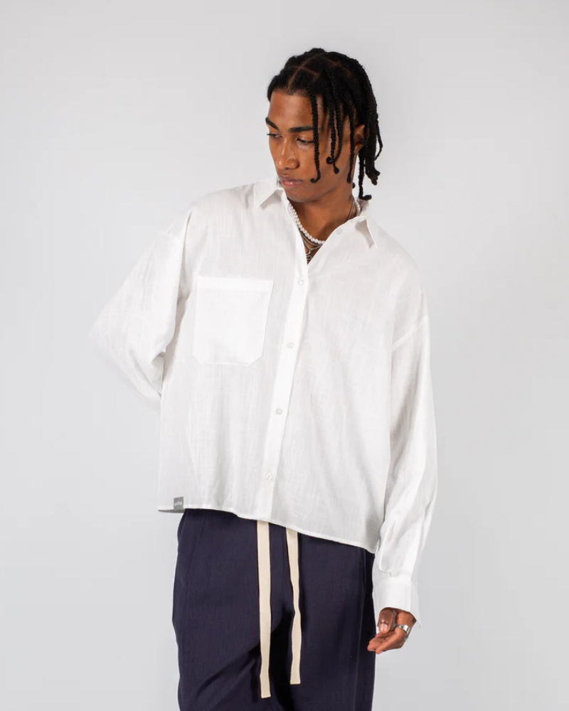 Unisex Long-Sleeve Off-White Linen Shirt with Chest Pocket