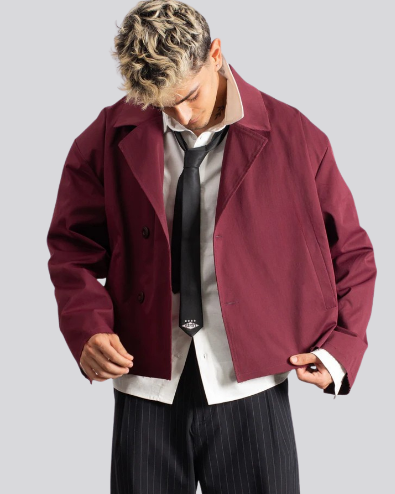 Maroon Cropped Trench Coat with Raw Hem and Double-Button Closure