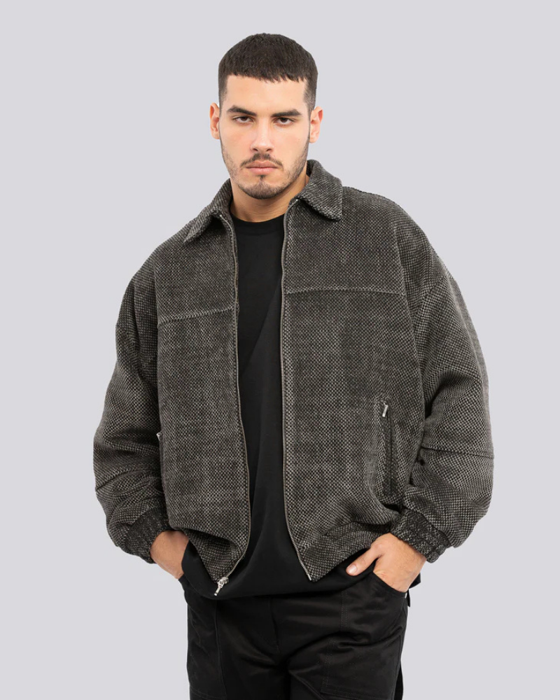 Men's Charcoal Textured Zip-Up Jacket with Spread Collar