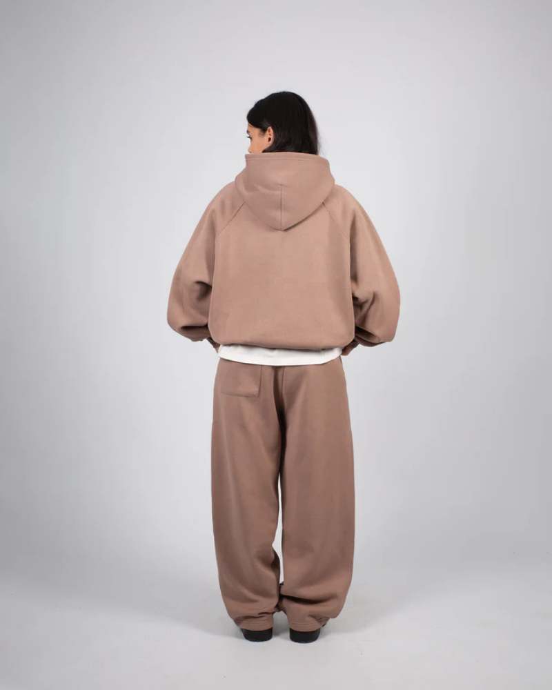 Light Tobacco Full-Zip Hoodie with Ribbed Trim and Chest Detail