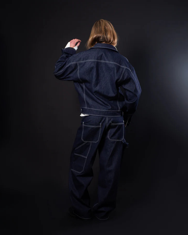 Raw Denim Trucker Jacket - Dark Blue with Contrast Stitching and Chest Pockets