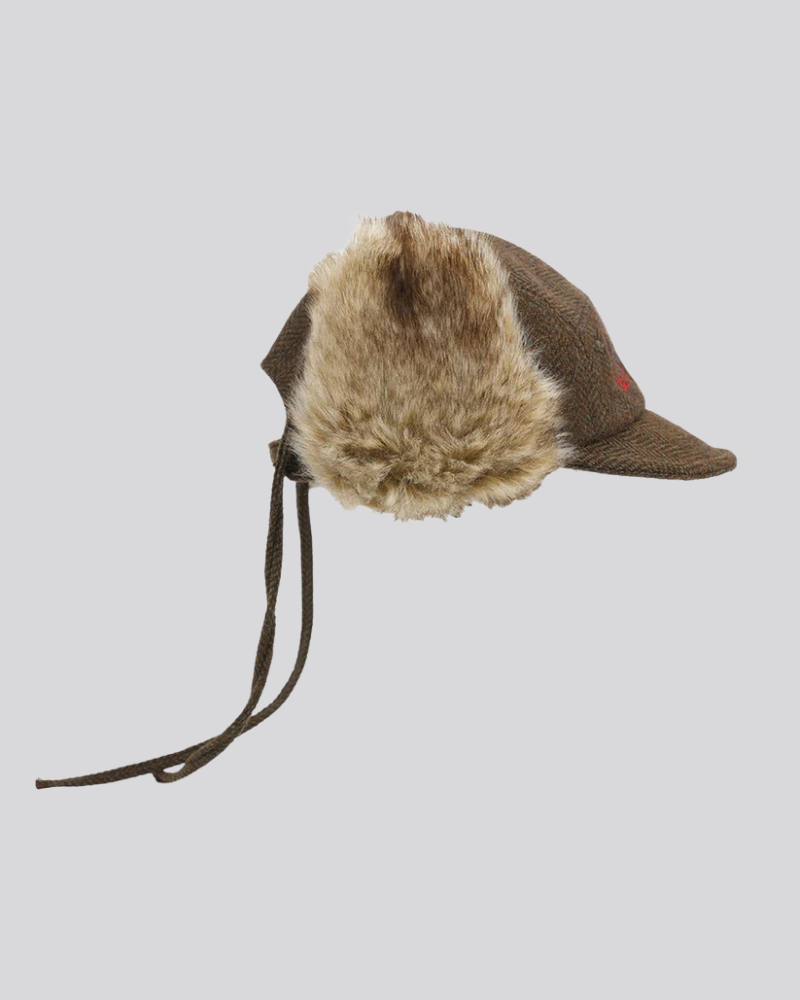 Brown Herringbone Tweed Cap with Faux Fur Ear Flaps and Embroidery