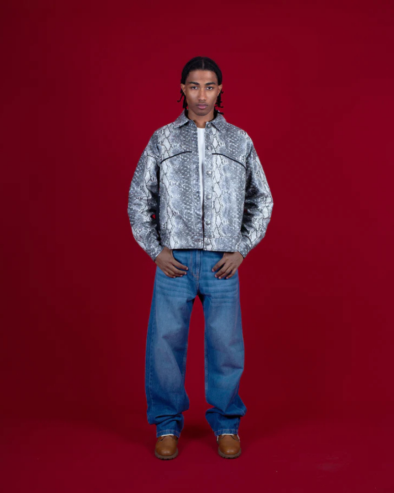 Snakeskin Pattern Vegan Leather Jacket with Contrast Piping and Front Pockets