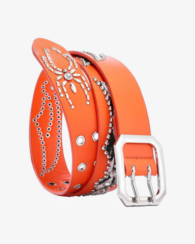 Orange Wide Belt with Zebra Print Panels and Crystal Spider Studs
