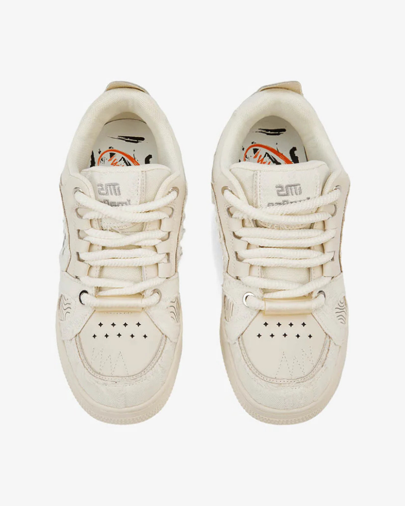 Cream Low-Top Sneakers with Distressed Canvas Overlays and Rope Laces