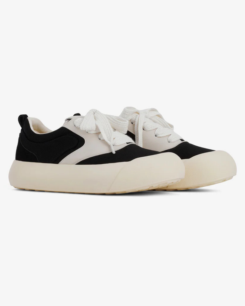 Black and Cream Chunky Low-Top Sneakers with Bulbous Toe and Wide Laces