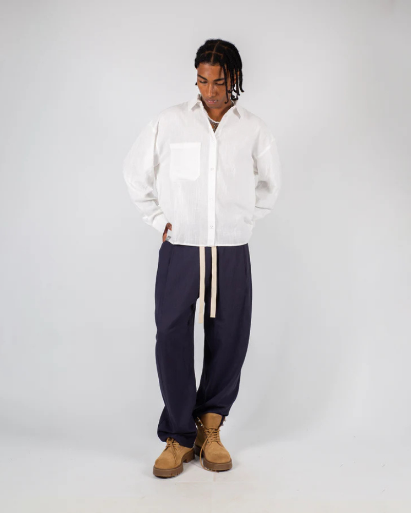 Navy Blue Wide-Leg Trousers with Elastic Waist and Contrast Drawstring