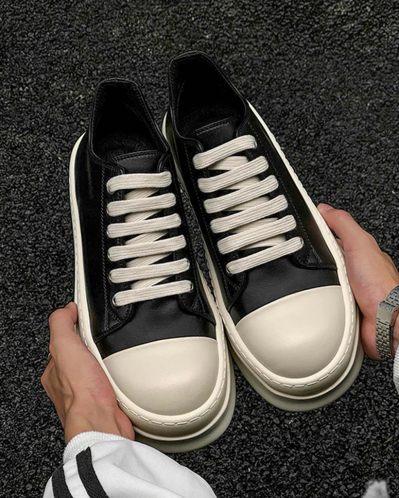 Black Low-Top Chunky Platform Sneakers with Cream Bulbous Toe Cap