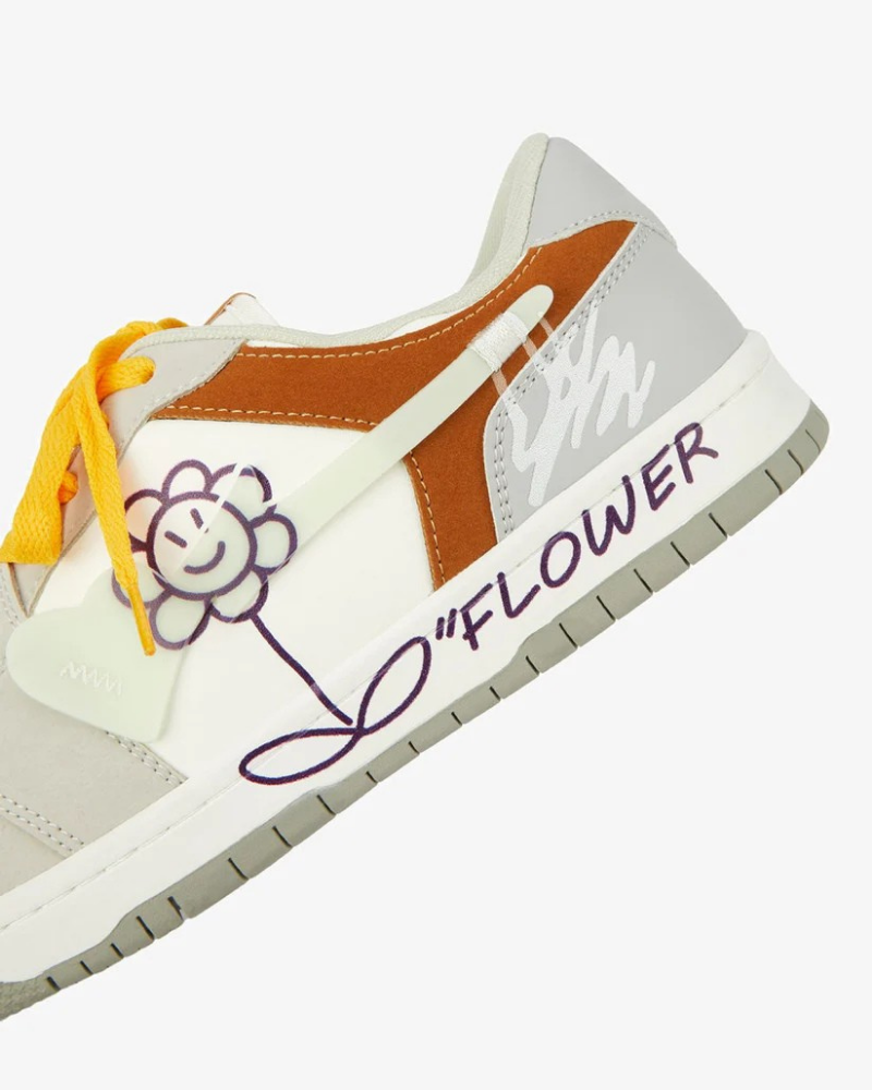 White and Grey Low-Top Sneakers with Purple Flower Graphic and Yellow Laces