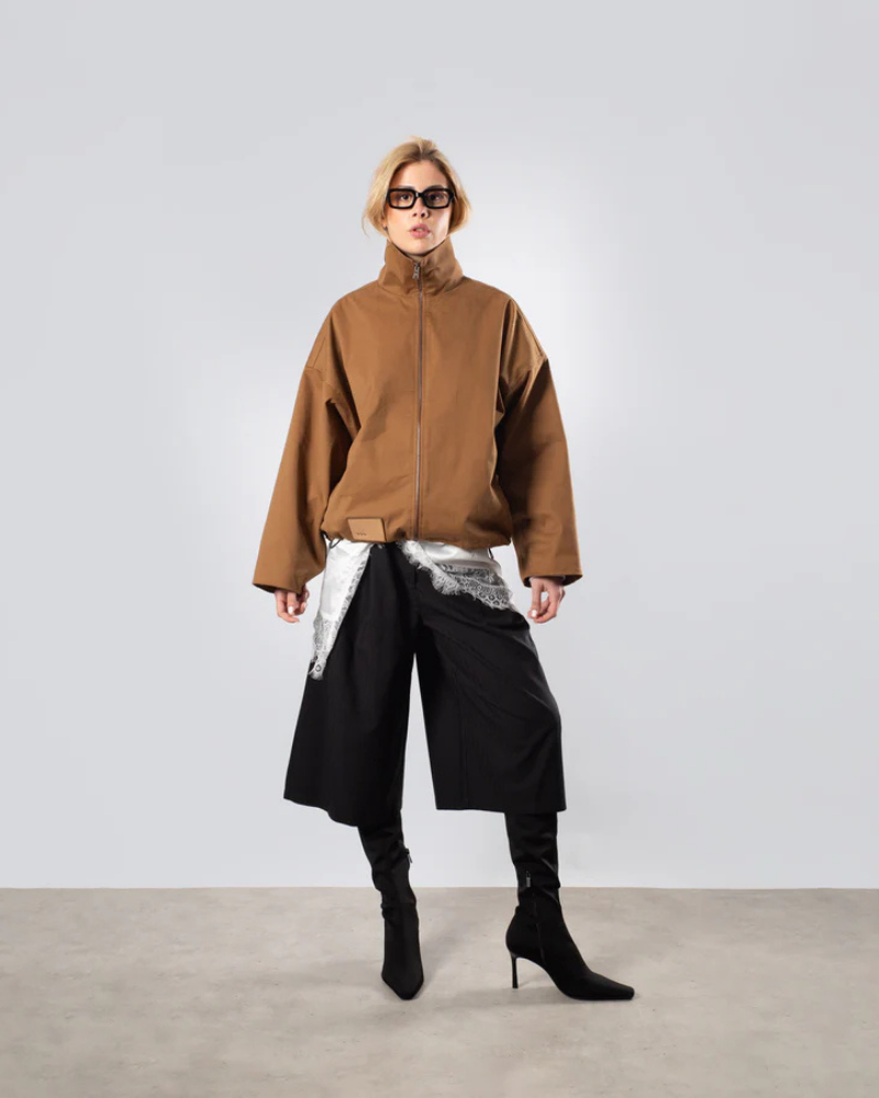 Women's High Neck Zip-Up Jacket in Rust with Adjustable Hem