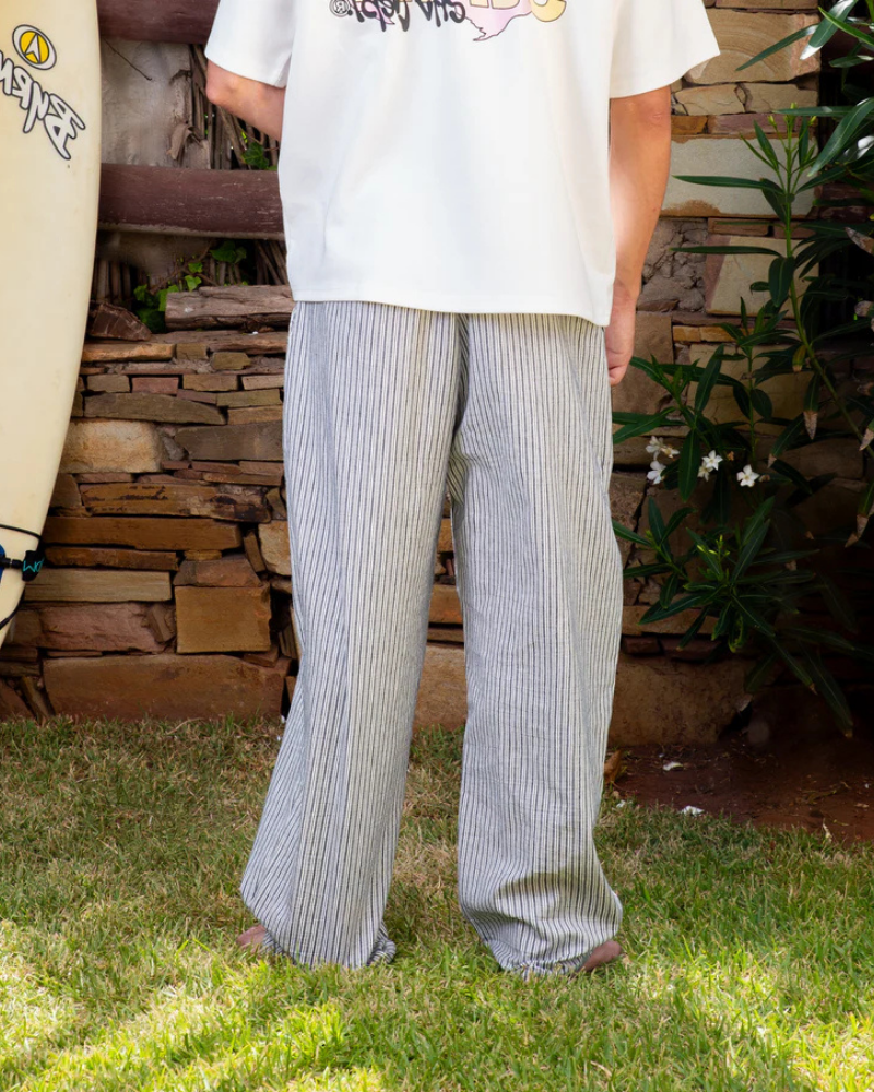 Light Gray and White Striped Poplin Baggy Pants with Pleated Front