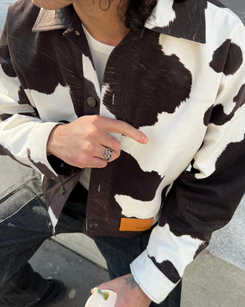 Cow Print Trucker Jacket with Textured Finish and Metal Hardware