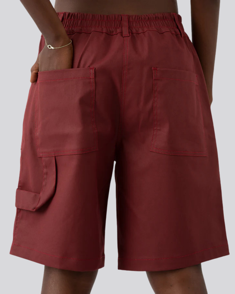 Maroon Heavyweight Bermuda Shorts with Elastic Waist and Utility Pockets
