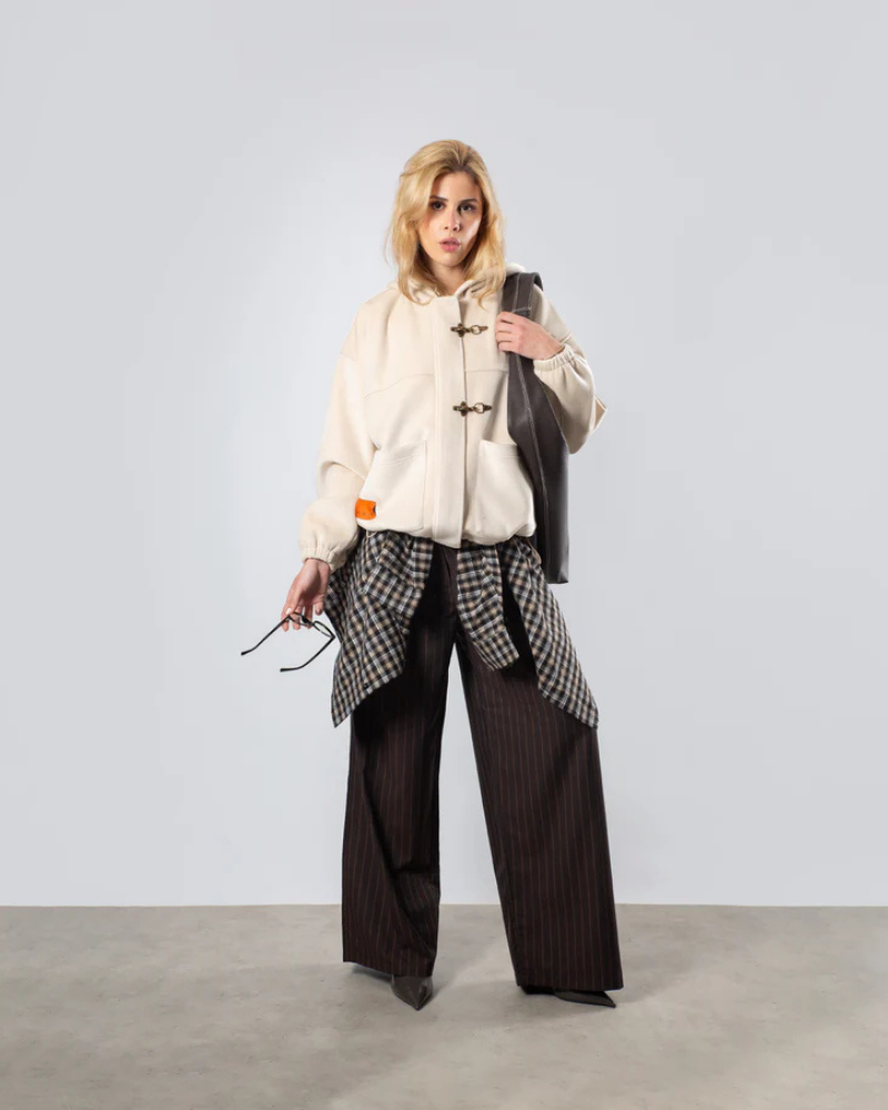 Mocha High-Waist Pleated Pinstripe Trousers with Straight-Leg Fit