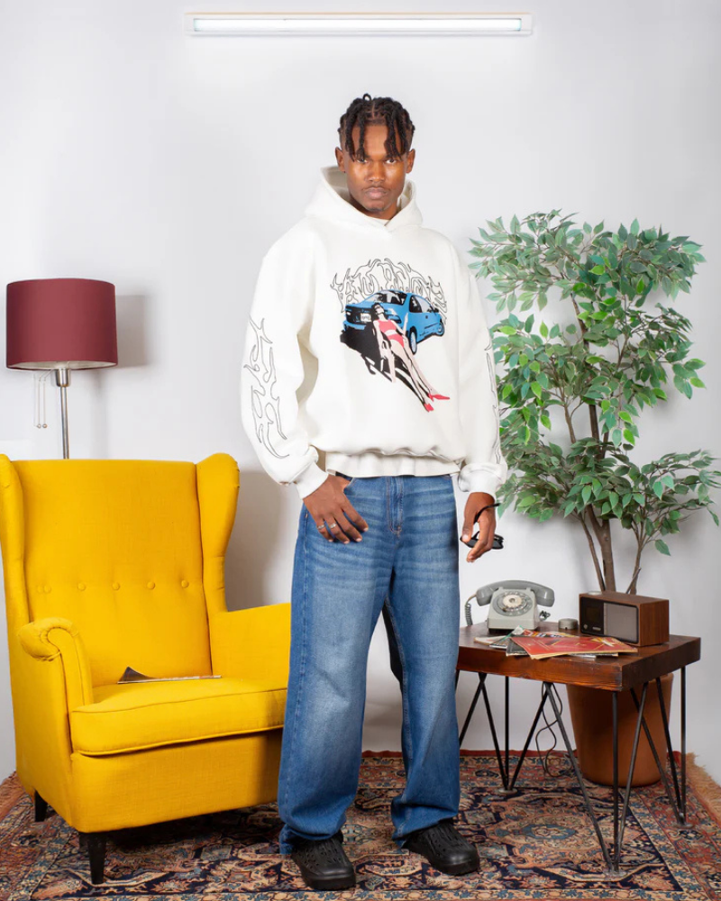 Off-White Unfazed Graphic Hoodie with Car Illustration and Sleeve Designs