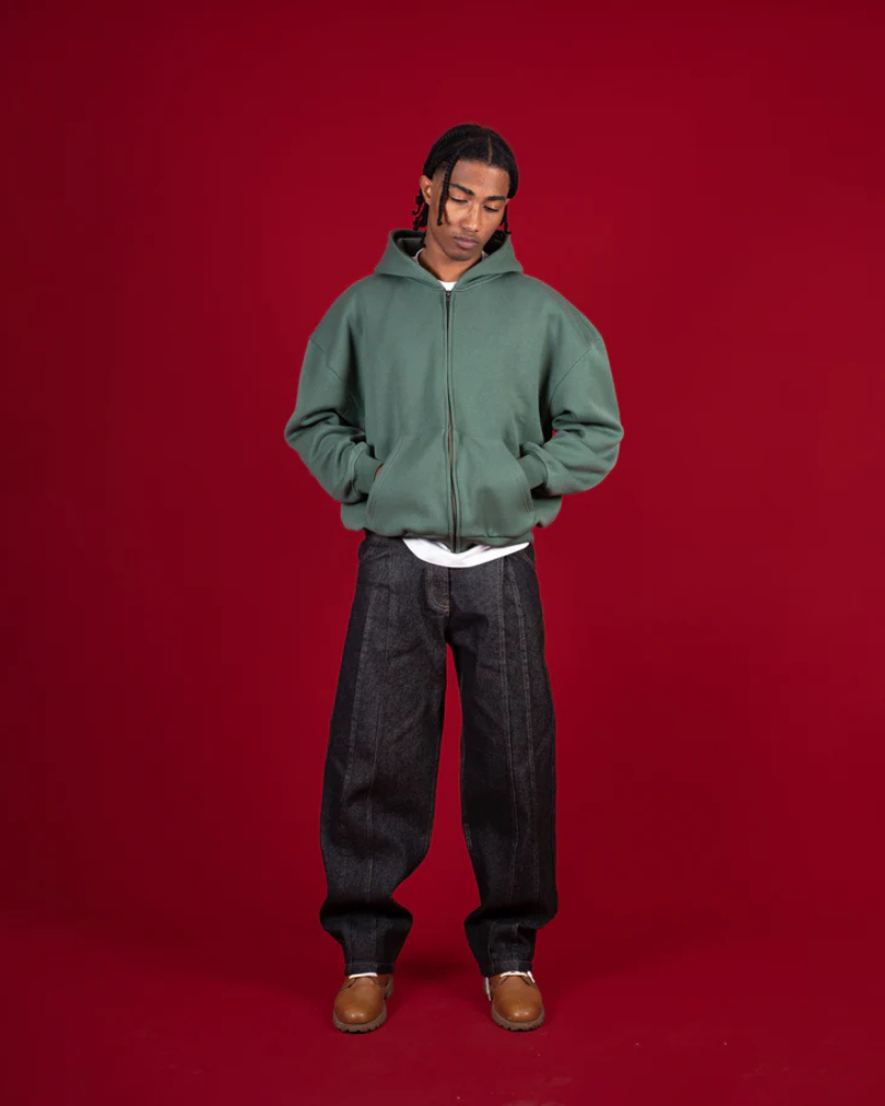 Wide Leg Dark Grey Denim Trousers with Vertical Seam Detail