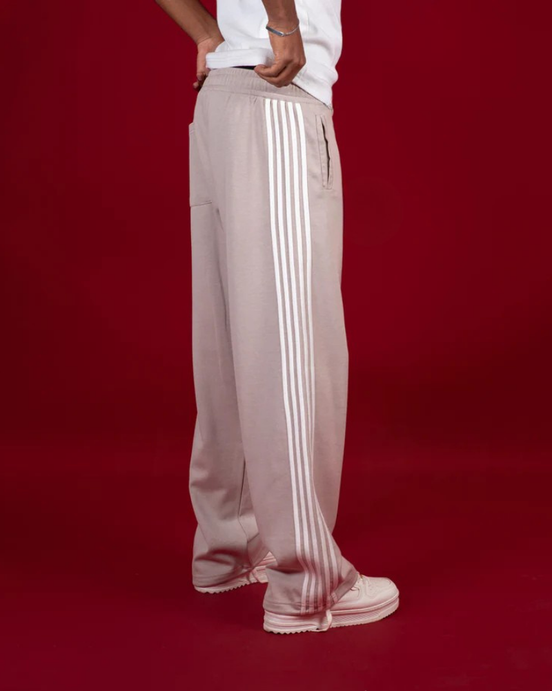 Unisex Wide-Leg Side-Stripe Track Pants - Beige