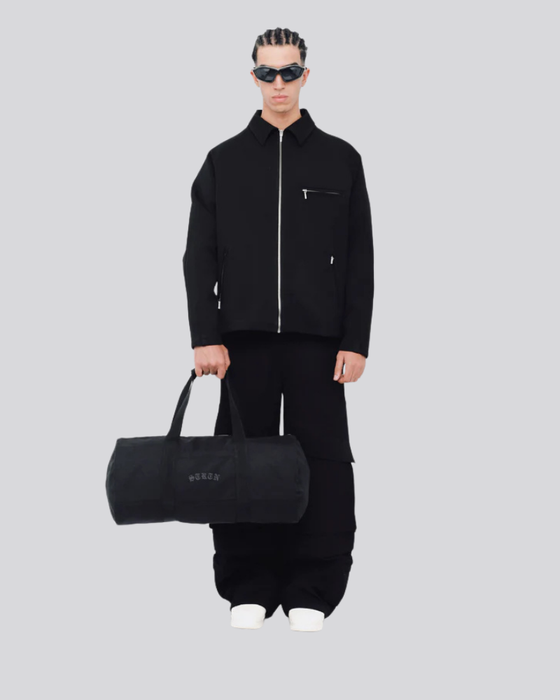 Black Full-Zip Motorsports Jacket with Raglan Sleeves and Back Graphic