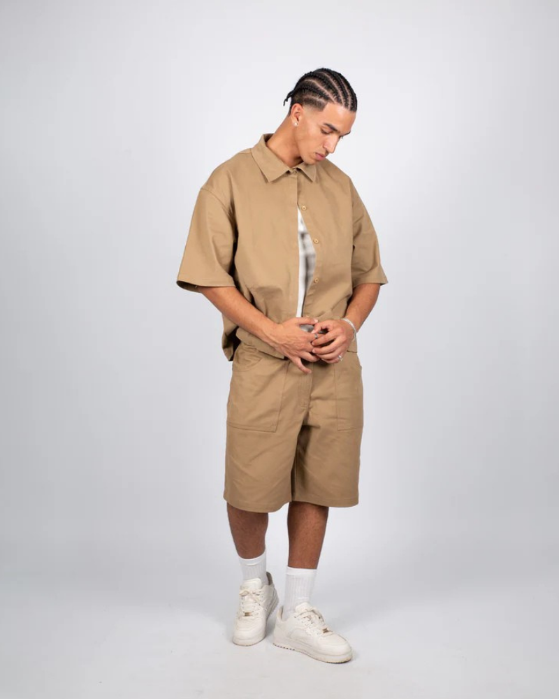 Heavyweight Short Sleeve Button-Up Overshirt with Back Embroidery - Tobacco