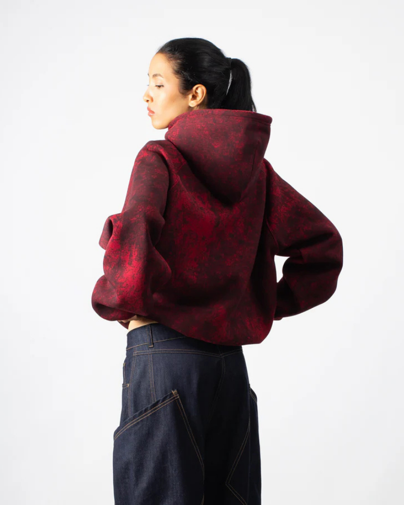 Red and Black Acid-Wash Hooded Sweatshirt with Raglan Sleeves