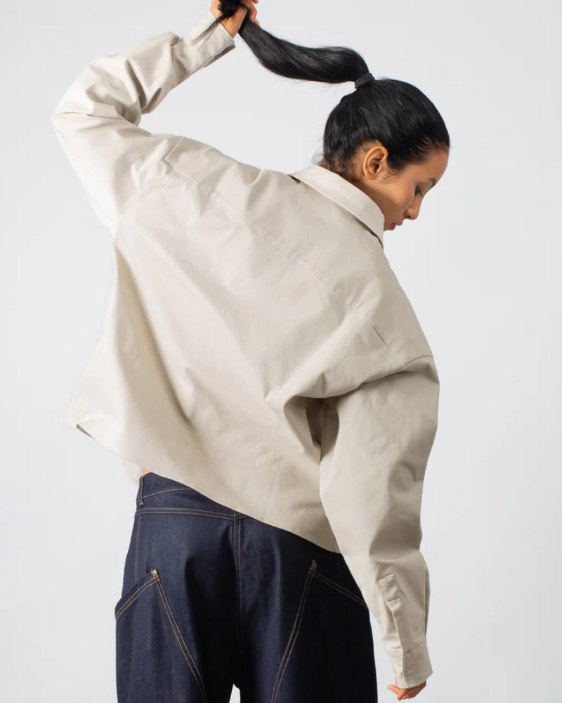 Heavyweight Oversized Button-Up Shirt with Graphic Print - Light Greige