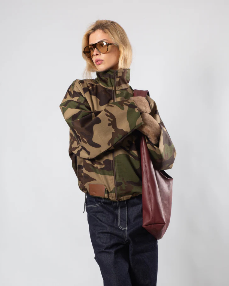 Women's Army Camouflage High Neck Zip-Up Jacket with Adjustable Toggle Hem