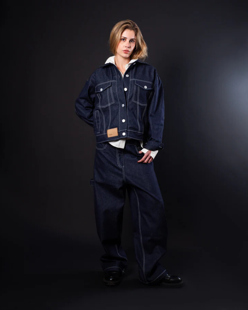 Raw Denim Trucker Jacket - Dark Blue with Contrast Stitching and Chest Pockets