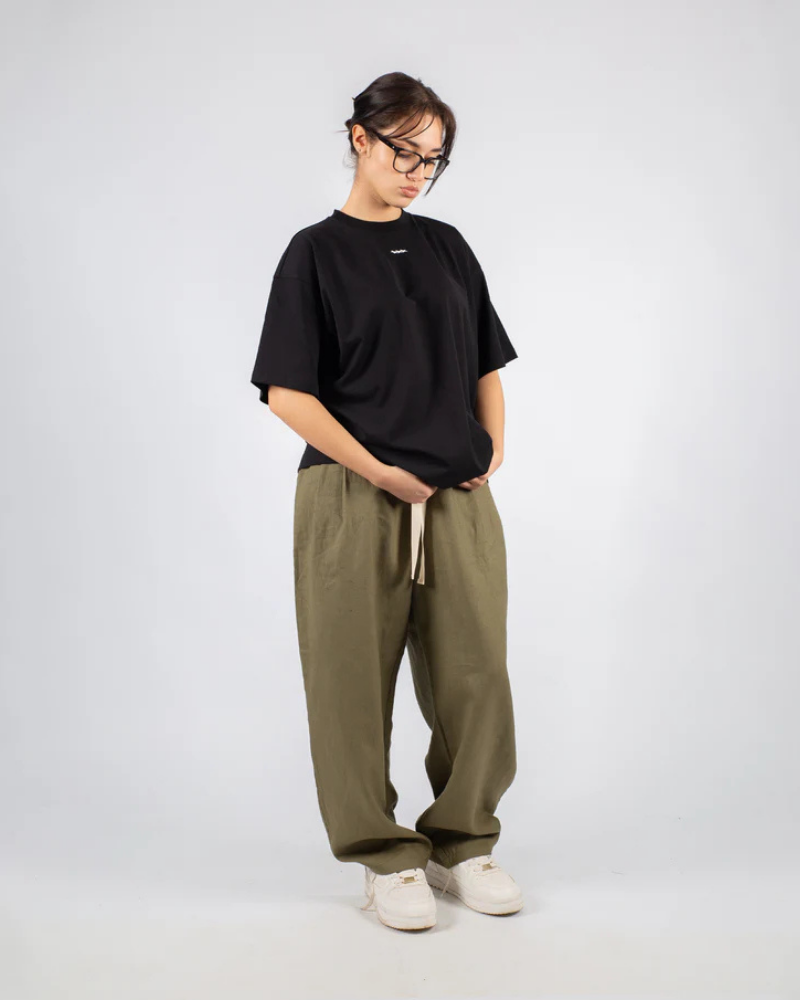 Olive Green Wide-Leg Trousers with Elastic Waist and Contrast Drawstring
