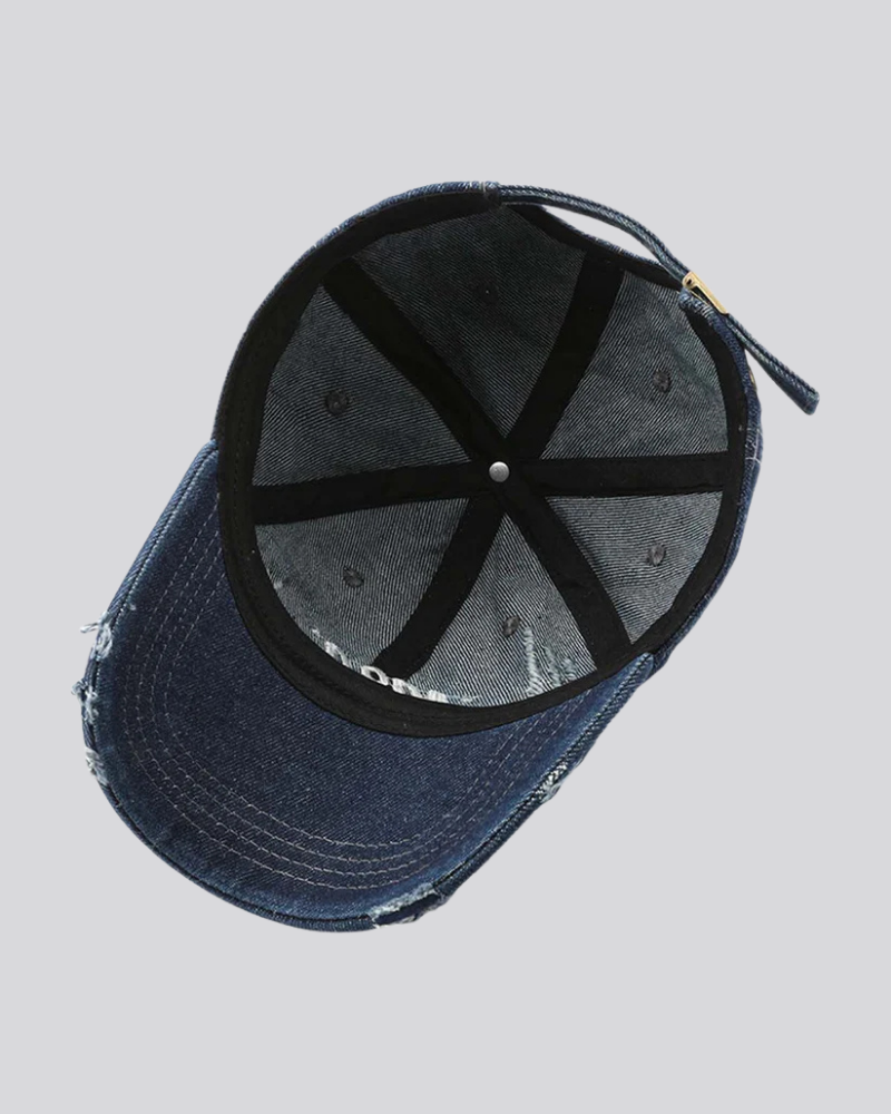 Distressed Denim Baseball Cap with 1989 Embroidered Patch