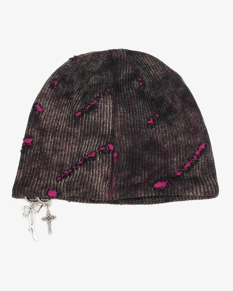 Distressed Knit Beanie with Metallic Charms and Contrast Details