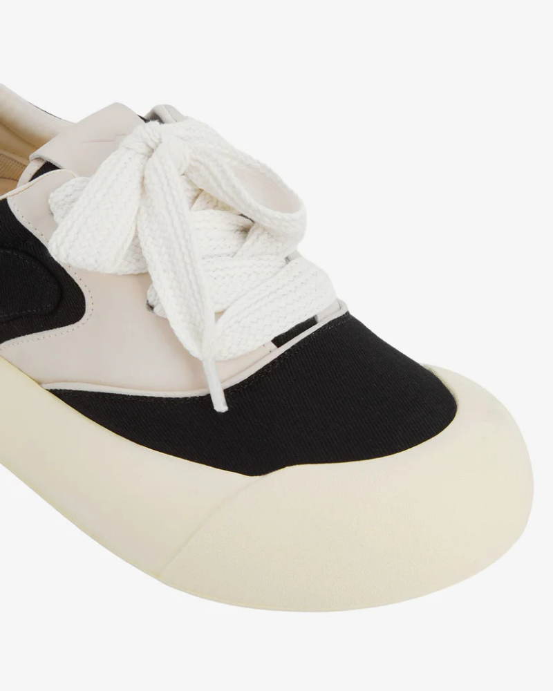 Black and Cream Chunky Low-Top Sneakers with Bulbous Toe and Wide Laces