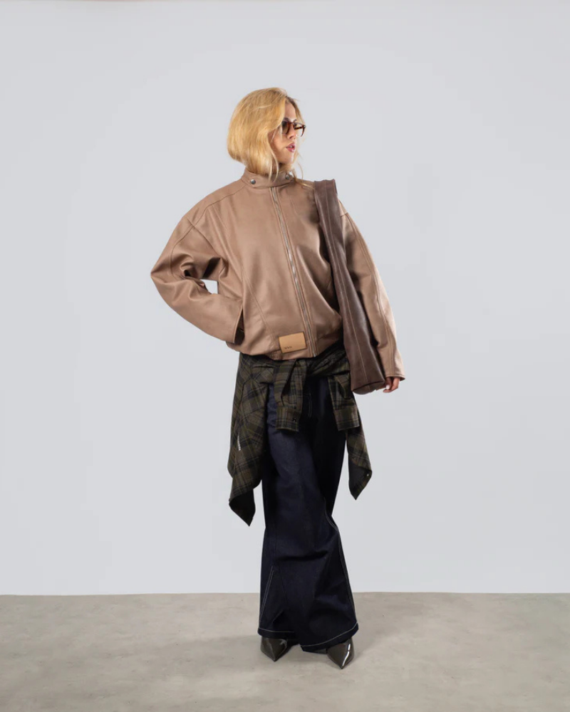 Women’s Cropped Vegan Leather Jacket with Pointed Collar – Tobacco