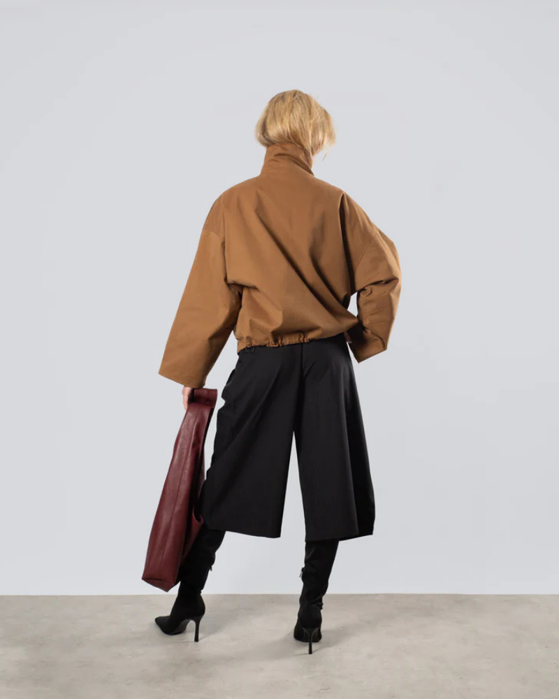 Women's High Neck Zip-Up Jacket in Rust with Adjustable Hem