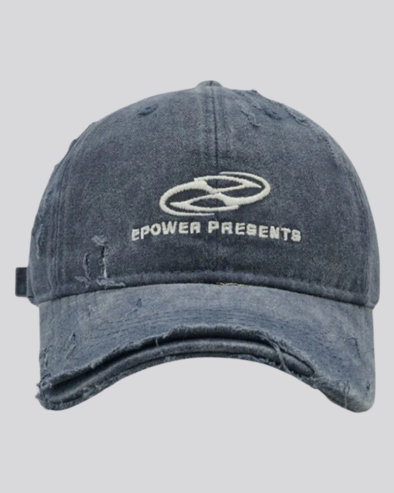 Distressed Washed Baseball Cap with Embroidered Graphic and Ripped Brim