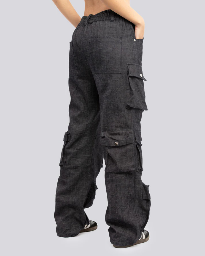 Dark Gray Denim Combat Cargo Pants with Elastic Waist and Multi-Pocket Design