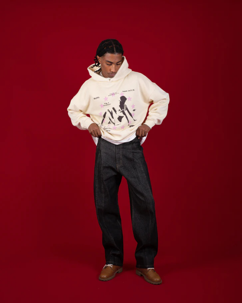 Cream Graphic Print Hoodie with Silhouette and Pink Stars Design