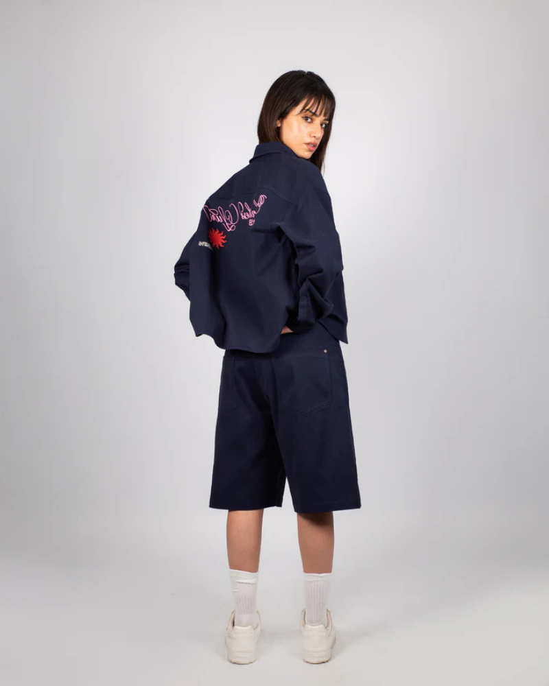 Navy Blue Straight-Leg Shorts with Five-Pocket Styling and Metallic Hardware