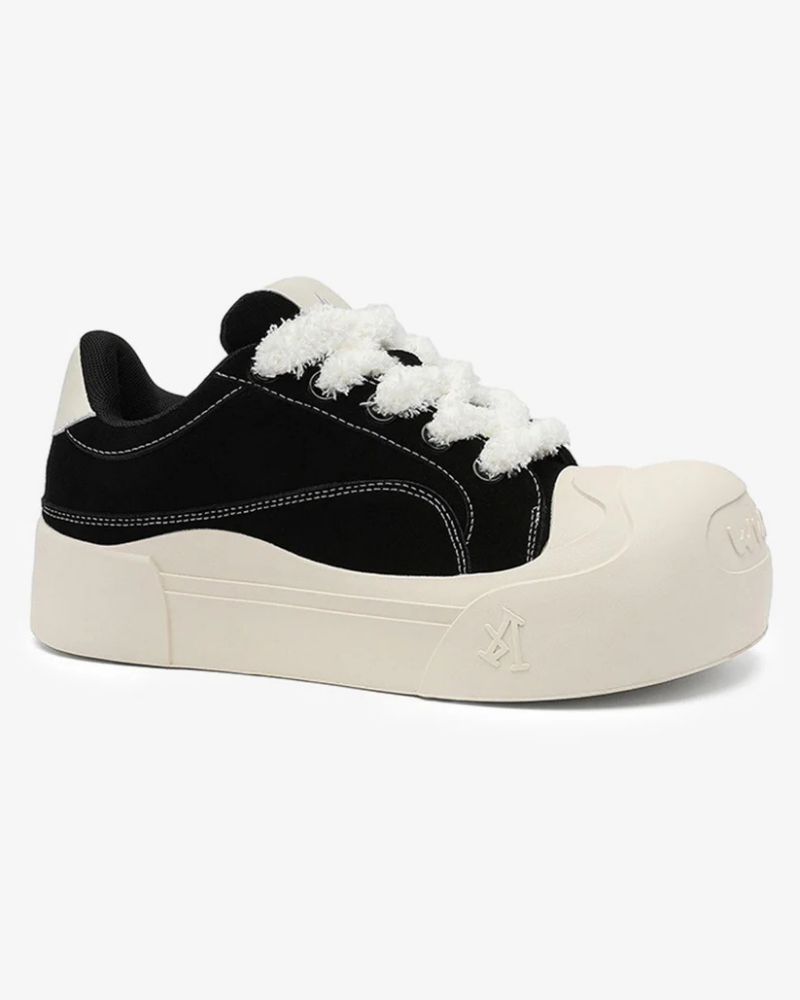 Black Suede-Textured Platform Sneakers with Exaggerated Bulbous Toe and Fluffy Laces