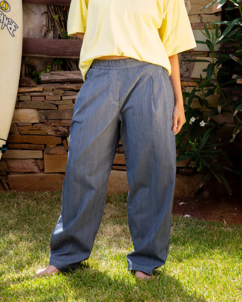 Midnight Blue and White Striped Poplin Baggy Pants with Pleated Front