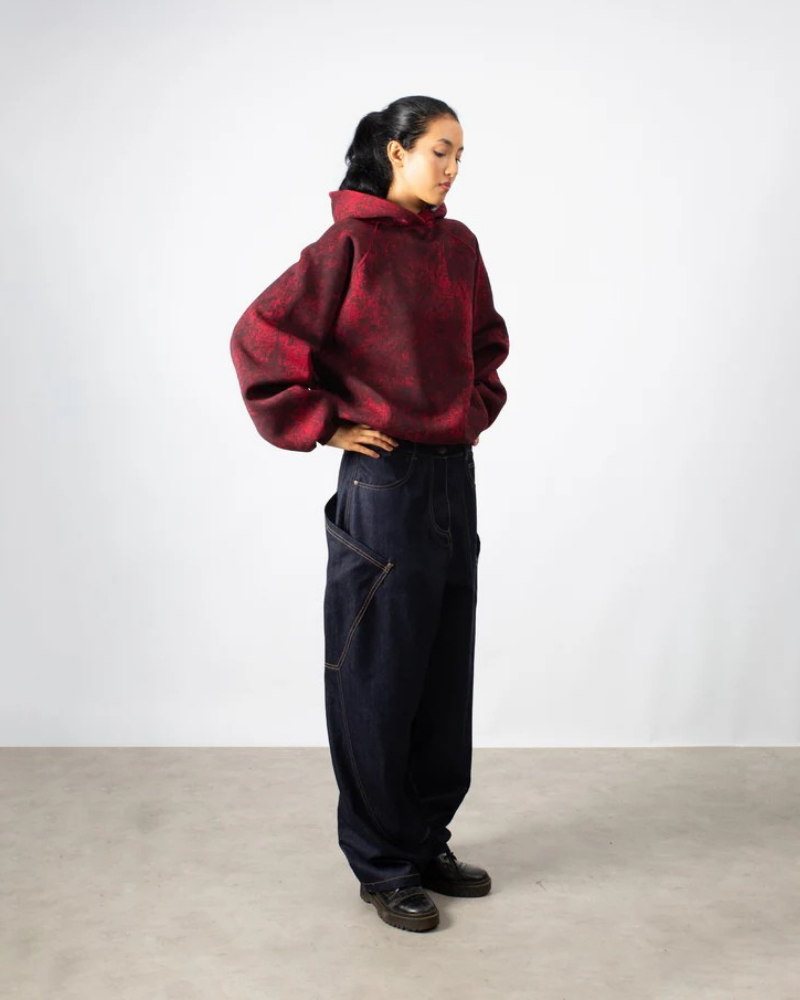 Red and Black Acid-Wash Hooded Sweatshirt with Raglan Sleeves